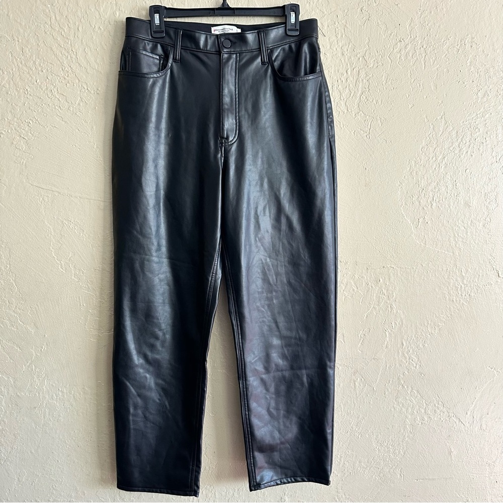 Abercrombie & Fitch Women's Black Cropped Faux Leather Straight Leg Pants